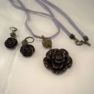 NEW Fern Finds Dark Purple 3D Rose, Lite Blue Suede Necklace & Earrings